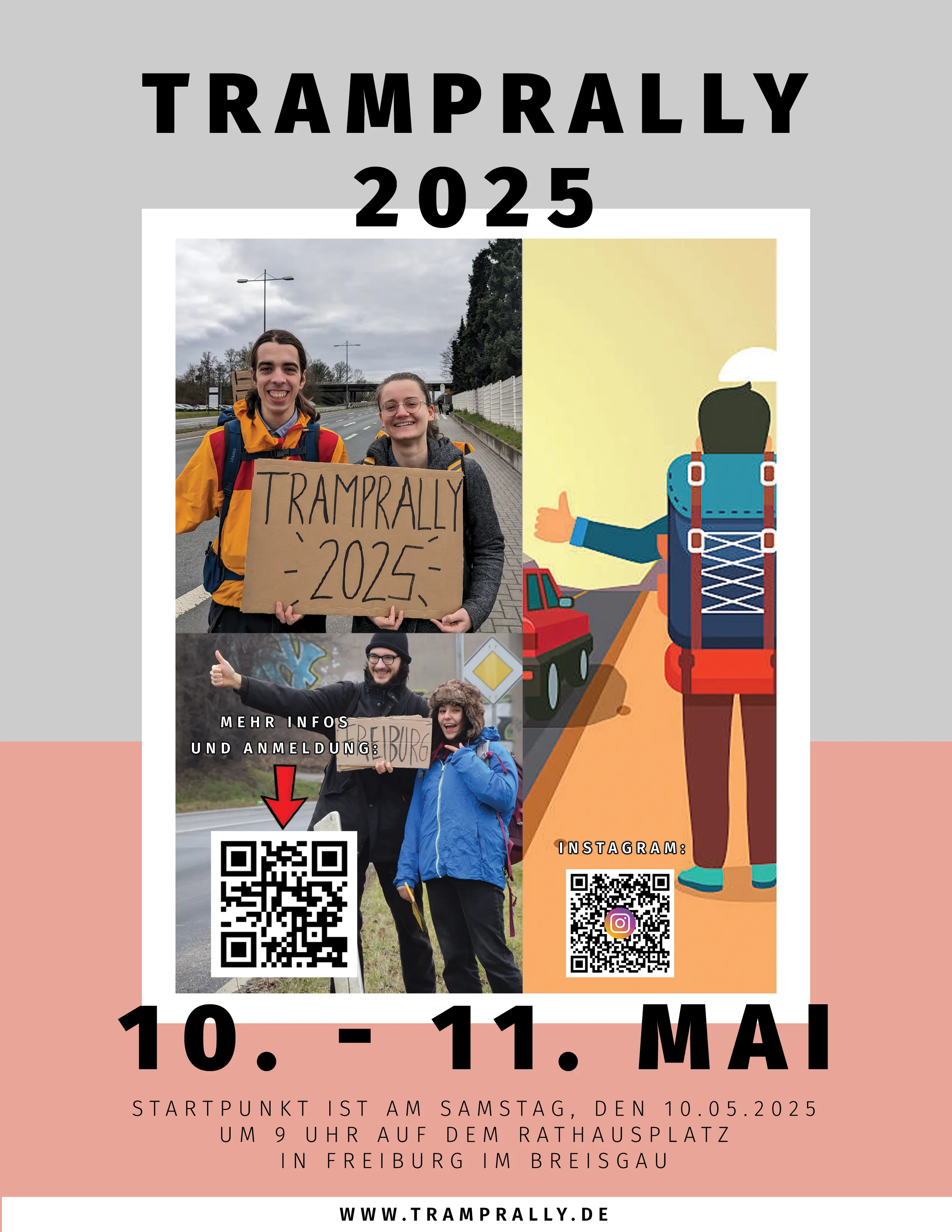 Das Poster der Tramprally 2025. Es zeigt QR-Codes zur Anmeldung auf www.tramprally.de und zum Instagram-Account hitchhiking.abgefahren sowie die Aufschrift "Startpunkt ist am Samstag, den 10.05.2025 um 9 Uhr auf dem Rathausplatz in Freiburg im Breisgau."